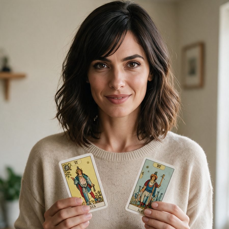 Yassmin, tarot reader at Tarot Studio, holding two tarot cards